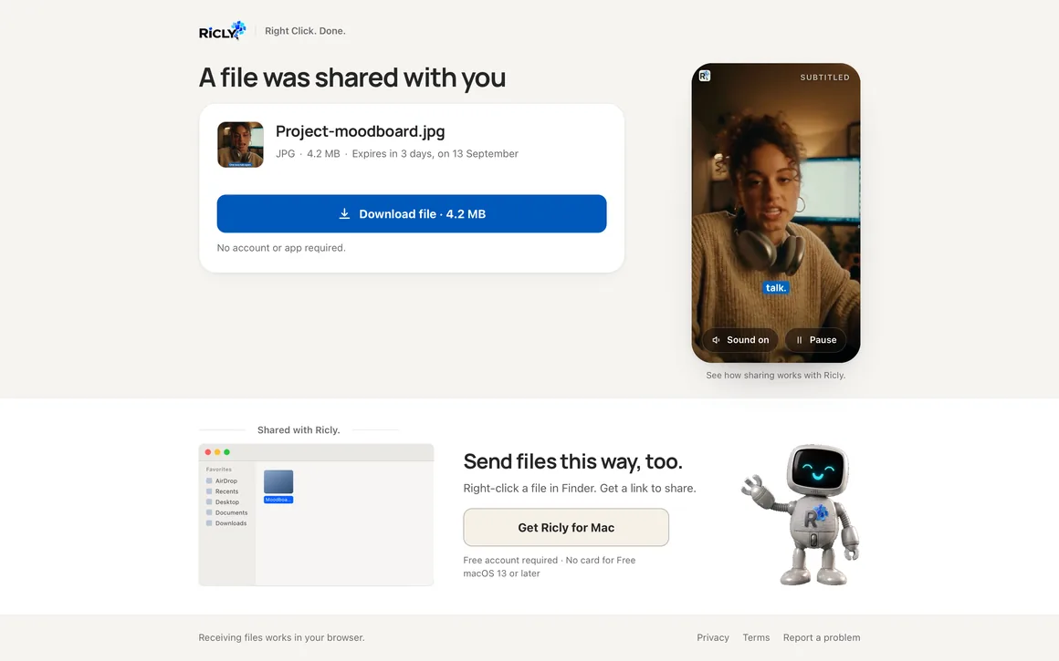 The page a recipient opens: the file name, its type, its size, how long is left, and one blue Download button. Below, a clip and an illustration show how sharing works from the Finder.